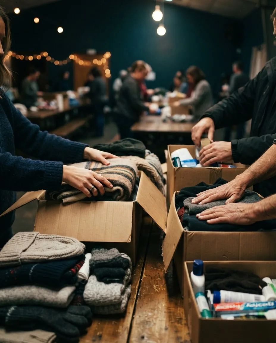 Sachspenden werden verpackt